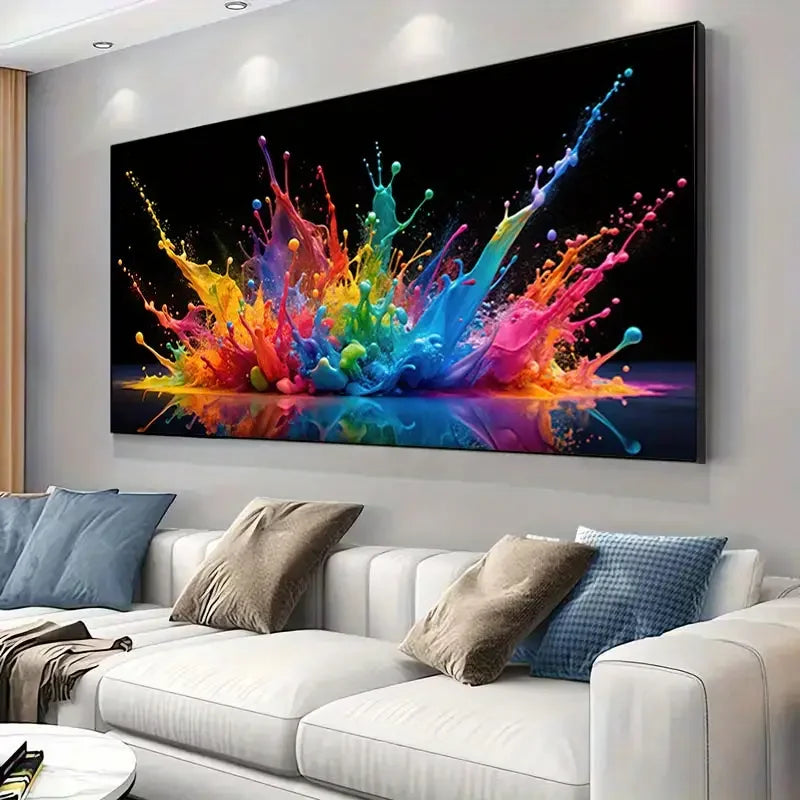 toile sans cadre moderne explosion peinture multicolore jaune rouge brillante grande dimension salon horizontal