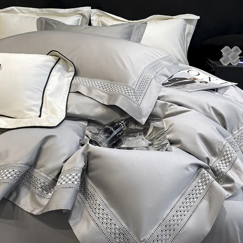drap lit blanc bordure brodée ultra doux housses taies oreillers classique 18m 20m machine