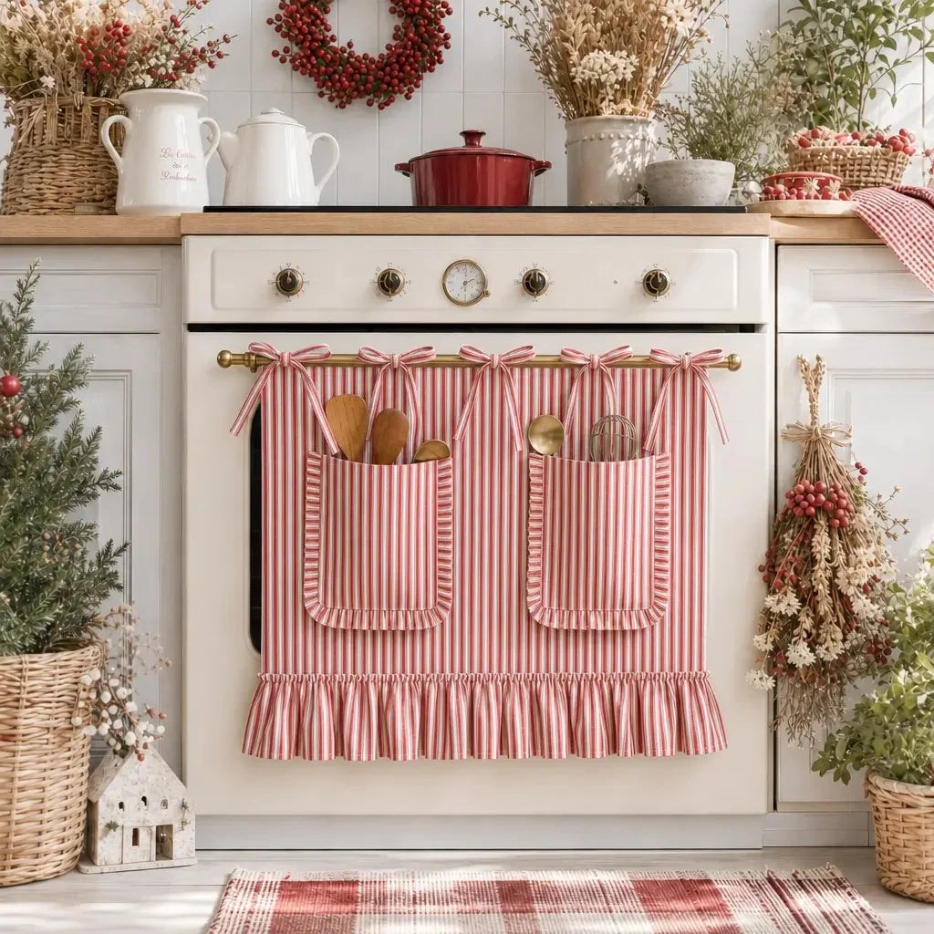 tablier cuisine rouge rayures vintage poches cuillères spatules fixations opaques farmhouse deco