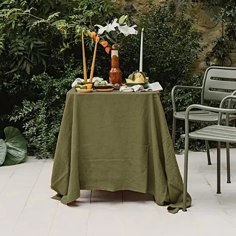 Nappe table vert olive texture lin classique imperméable polyester 140x180cm festives serviettes assiettes