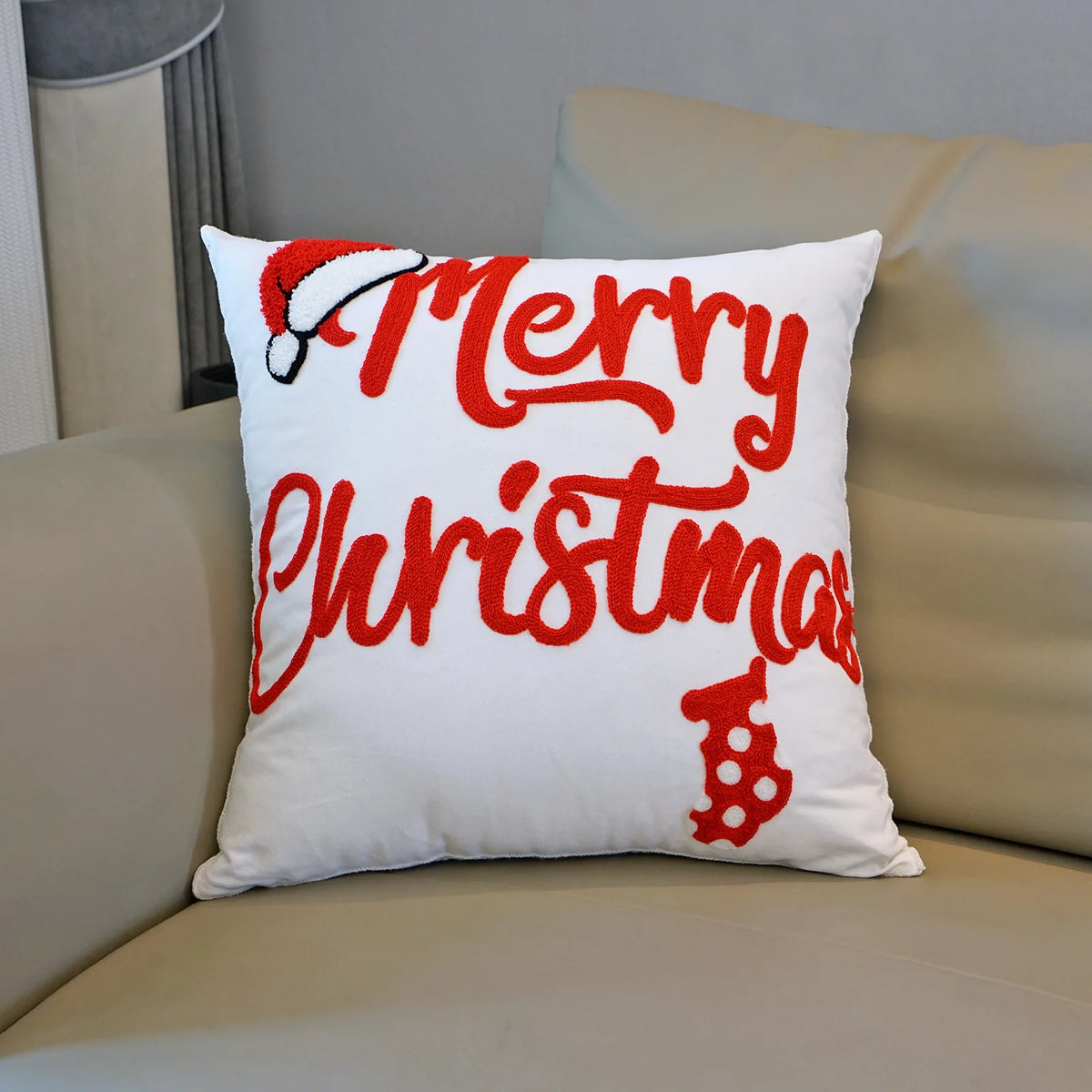housse coussin noël brodée ho ho ho merry christmas rouge vert polyester coton respectueux