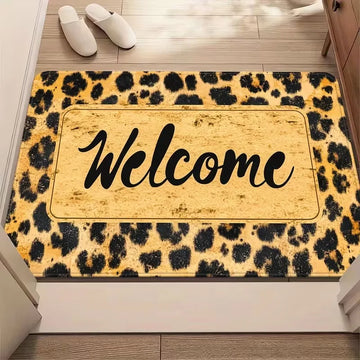 tapis d'entrée léopard doré bienvenue moderne salon noir beige antidérapant