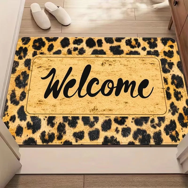 tapis d'entrée léopard doré bienvenue moderne salon noir beige antidérapant