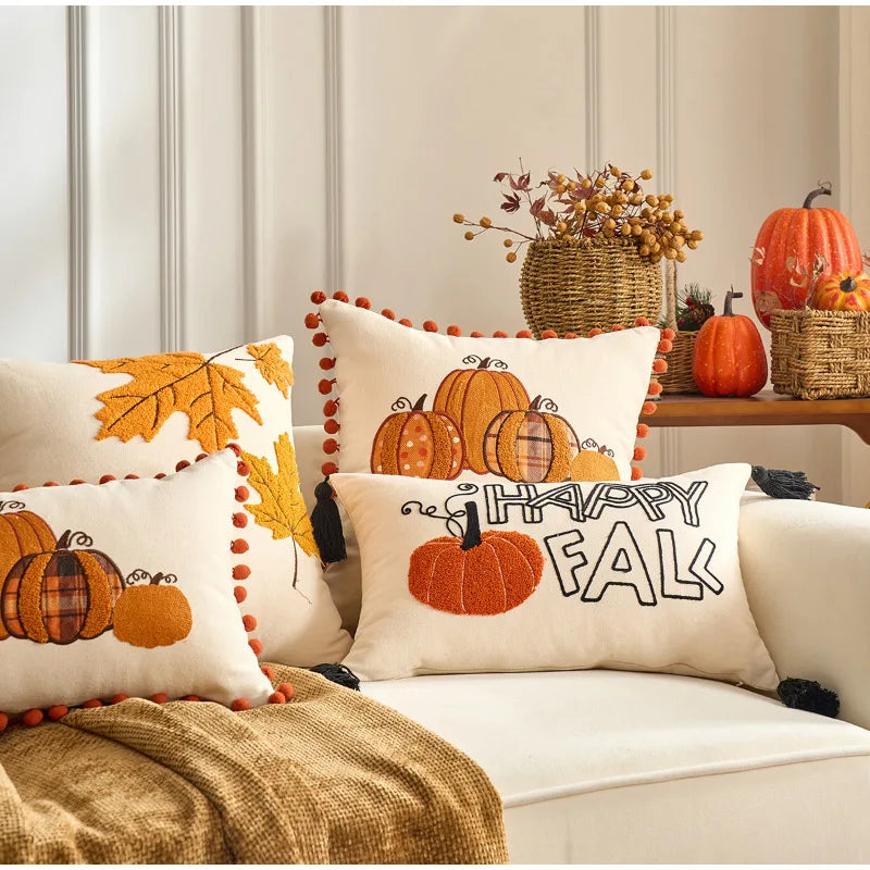 taies d'oreiller automnales brodées citrouilles feuilles d'érable rustique literie polyester respectueux environnement decoration maison