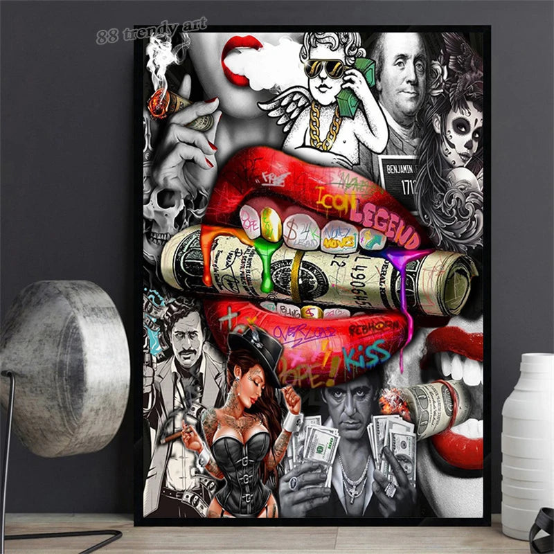 tableau pop art lèvres rouges étoile graffiti abstrait décoration mur rouge noir blanc vertical