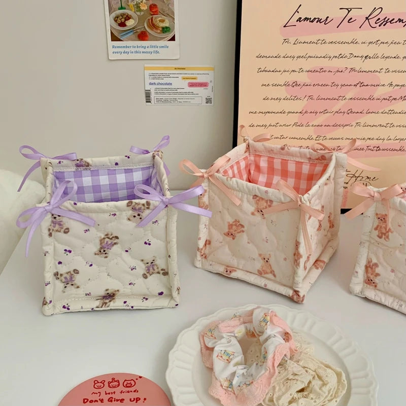 paniers rangement réutilisables coton blanc rose violet rouge carreaux lapins fruits vintage doux