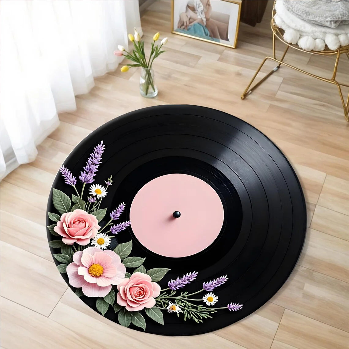 tapis rond moderne vinyle géométrique noir blanc rose bleu multicolore salon chambre couloir