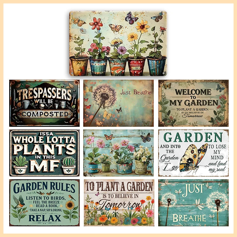 décoration murale vintage plaque métal fleurs papillons bois rétro nostalgieintérieur extérieur