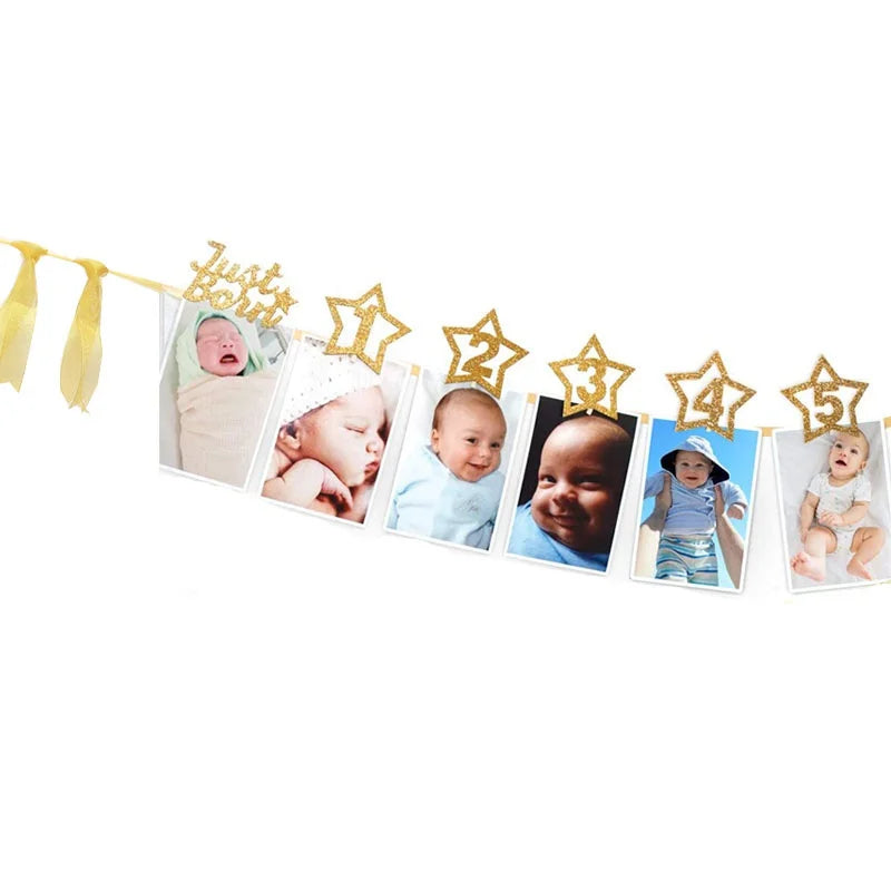 guirlande photo anniversaire bébé étoiles dorées rubans jaunes clips océillets festif blanc doré