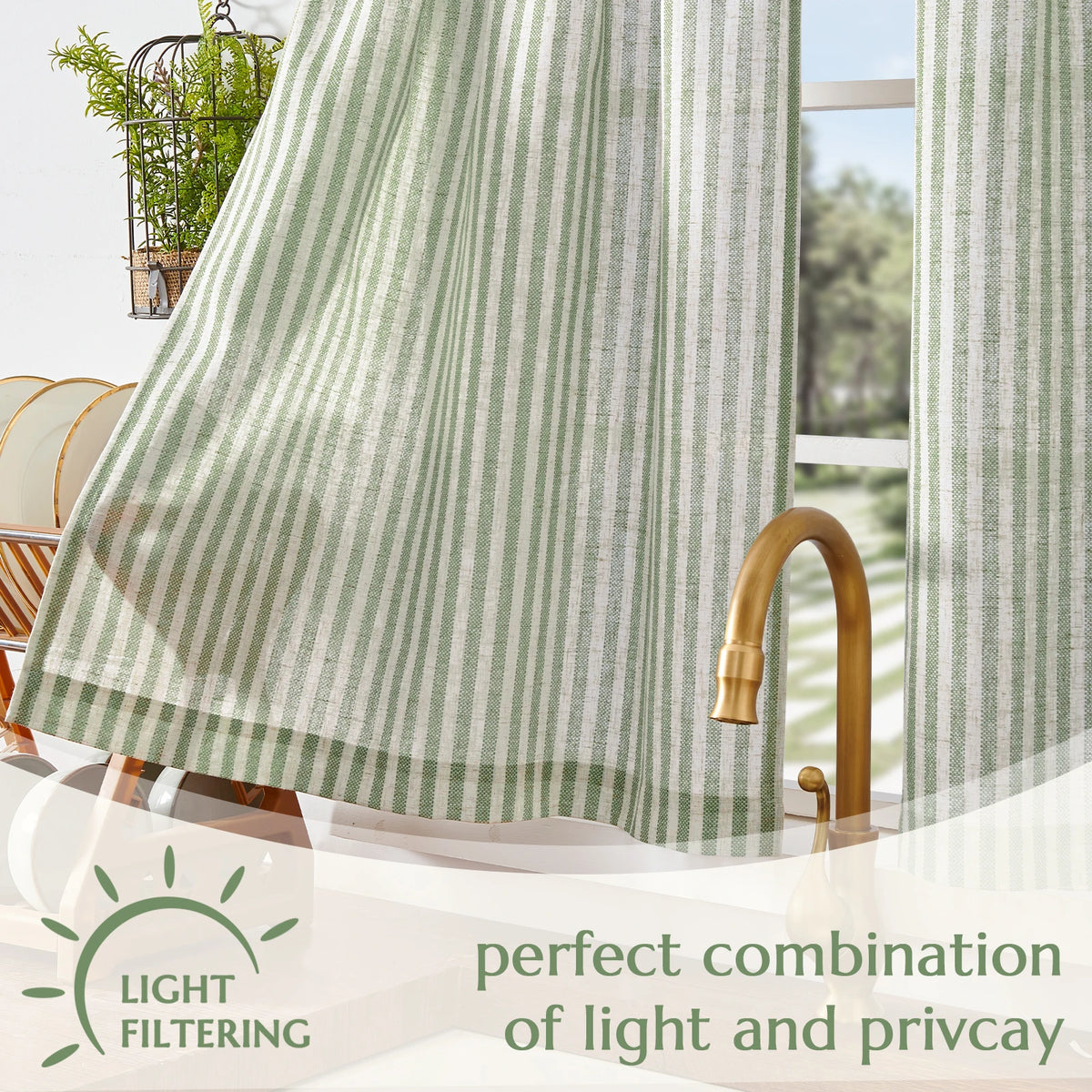 rideaux fenetre vert blanc rayures rustique semi transparent pochette tringle 2pc chambre