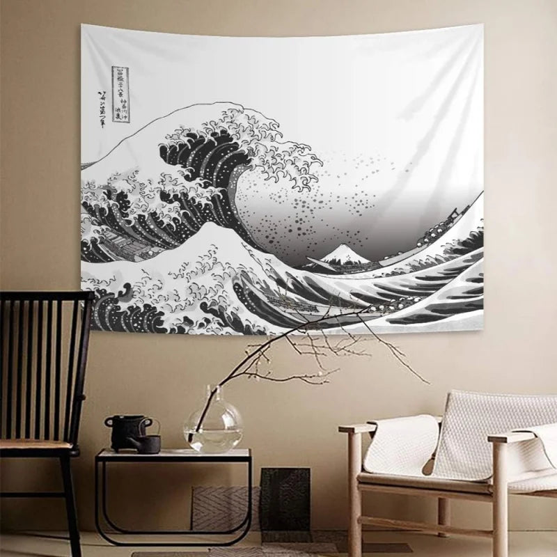 tapisserie ukiyo vague montagne japonais blanc noir décoration murale salon chambre