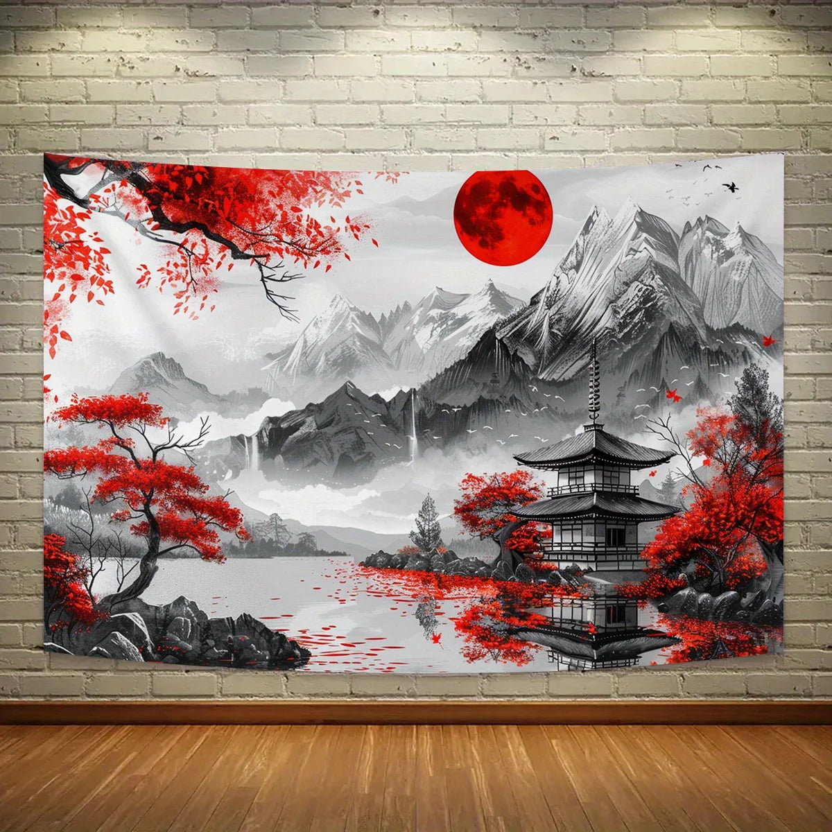 toile d'art paysage oriental blanc gris rouge peinture traditionnelle clips 150x200cm 180x280cm 150x300cm