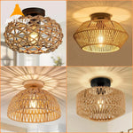 lampe suspendue moderne rustique tissée bambou naturel cadre métallique noir cuisine chambre coucher salle