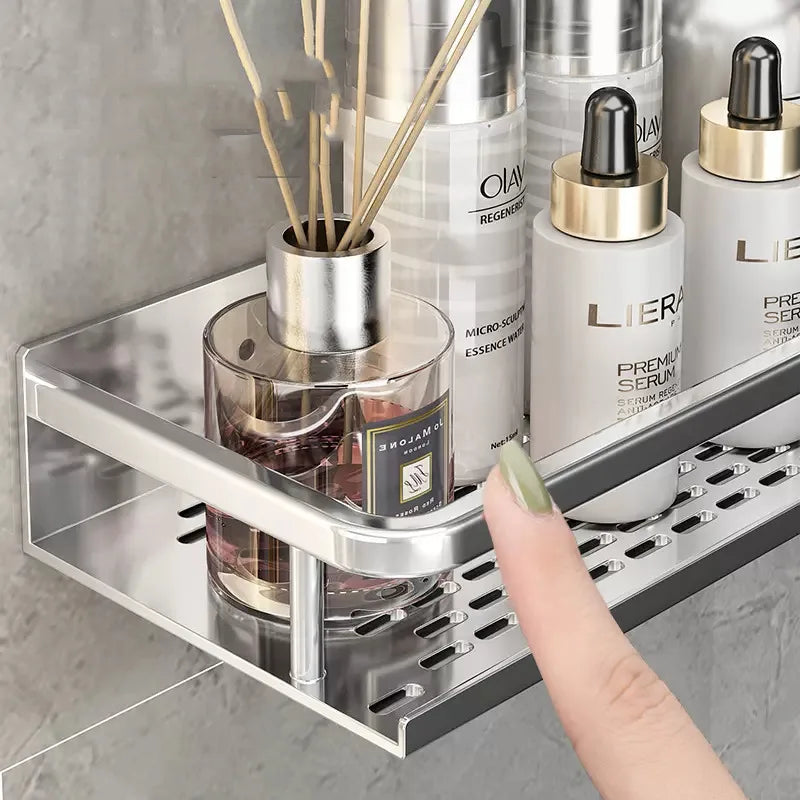 étagère murale moderne étagère aluminium perforée argentée bouteilles cosmétiques flacons brosse dents diffuseur huiles
