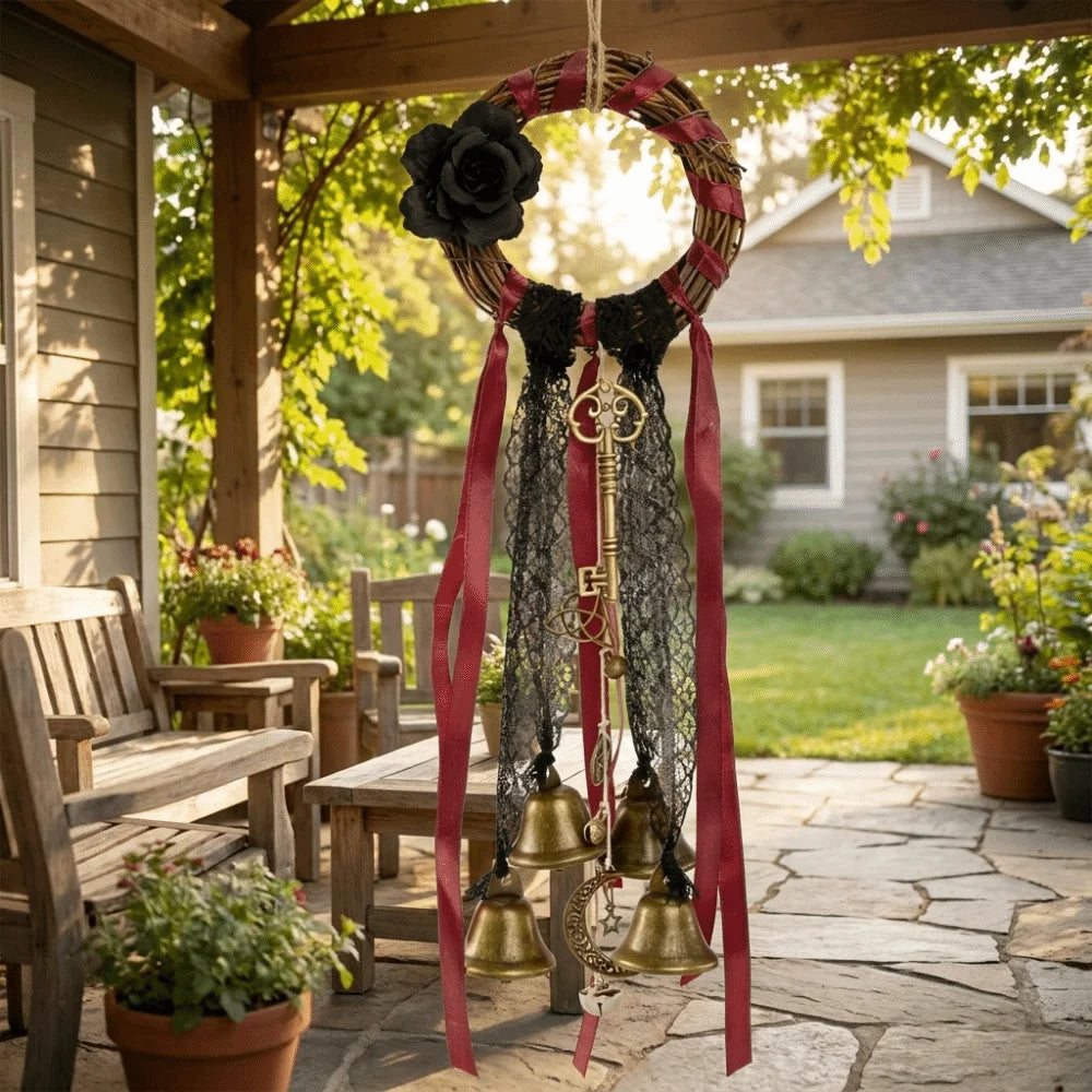 décoration boho chic couronne osier fleurs noires rubans dentelle cloches dorées porte