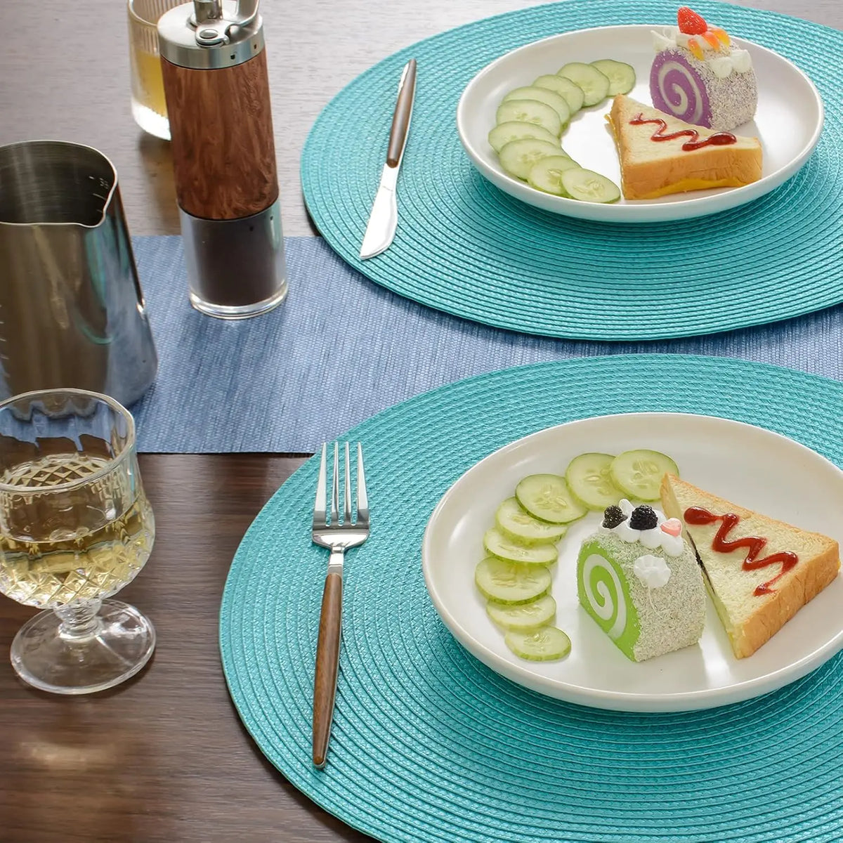 tapis table rond tissé turquois respectueux environnement moderne 15 pouces assiettes verres
