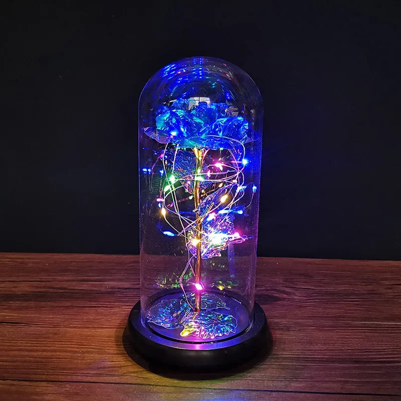 veilleuse led rose artificielle cloche verre éclairage couleur variée base noire