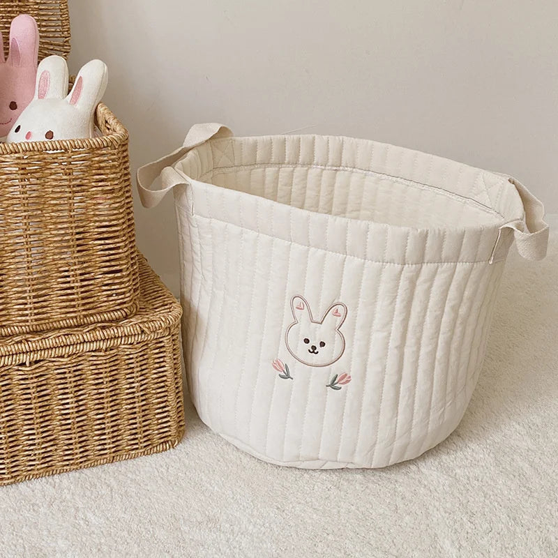 sac rangement coton brodé ours lapin blanc enfantin poignées tissu respectueux environnement coton épais