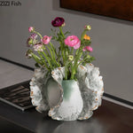 vase céramique moderne vert gris blanc texture coquille motifs floraux 32cm 26cm