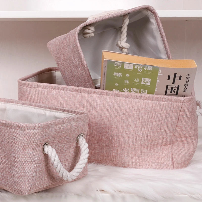 paniers rangement toile lin gris bleu rose beige pliables réutilisables moderne rustique poignées corde