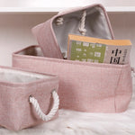 paniers rangement toile lin gris bleu rose beige pliables réutilisables moderne rustique poignées corde