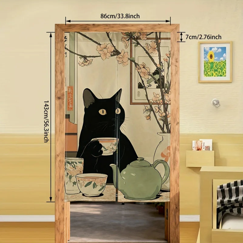rideau porte chat noir dessin animé japonais fleurs roses opacité classique intérieur maison