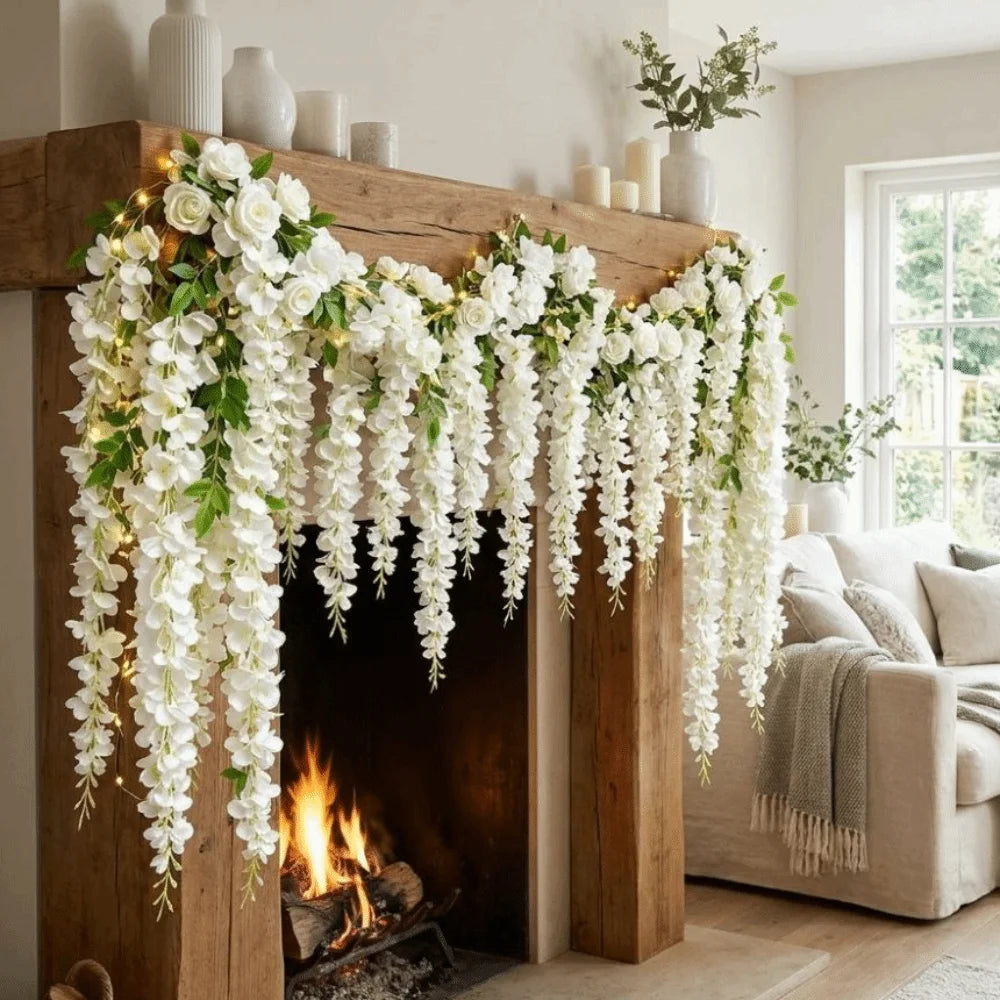 guirlande fleurs artificielles blanc rose feuilles décoration extérieure chaînes clips fixations