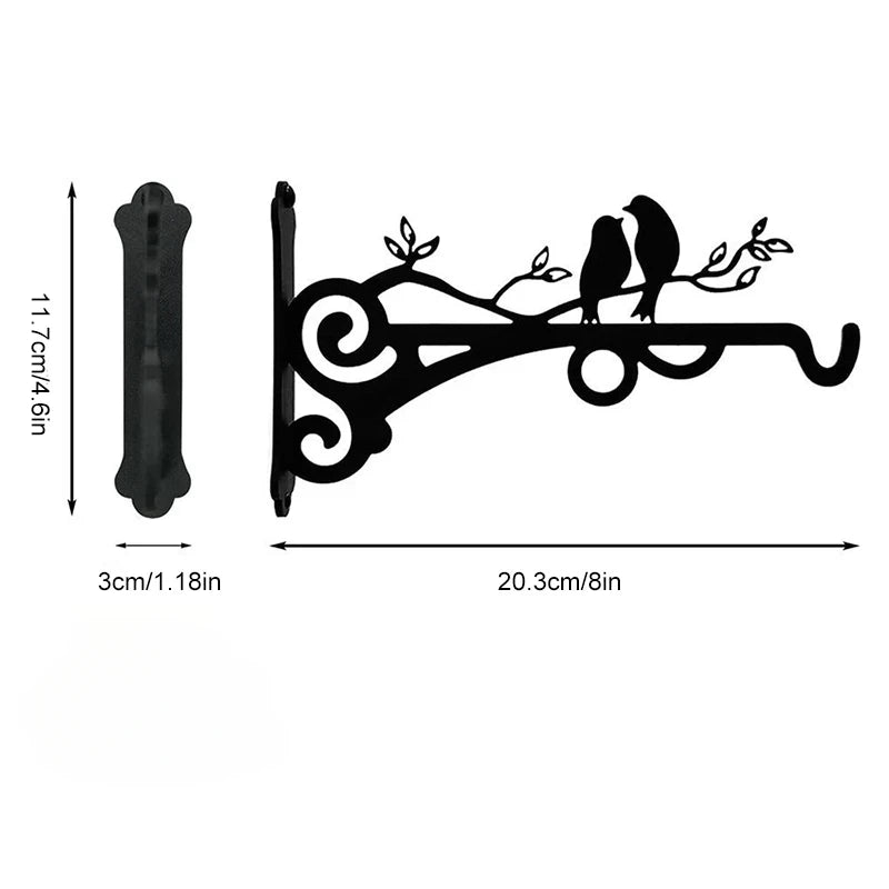 support plante suspendu oiseaux stylisés motifs floraux vis mural noir artisanal