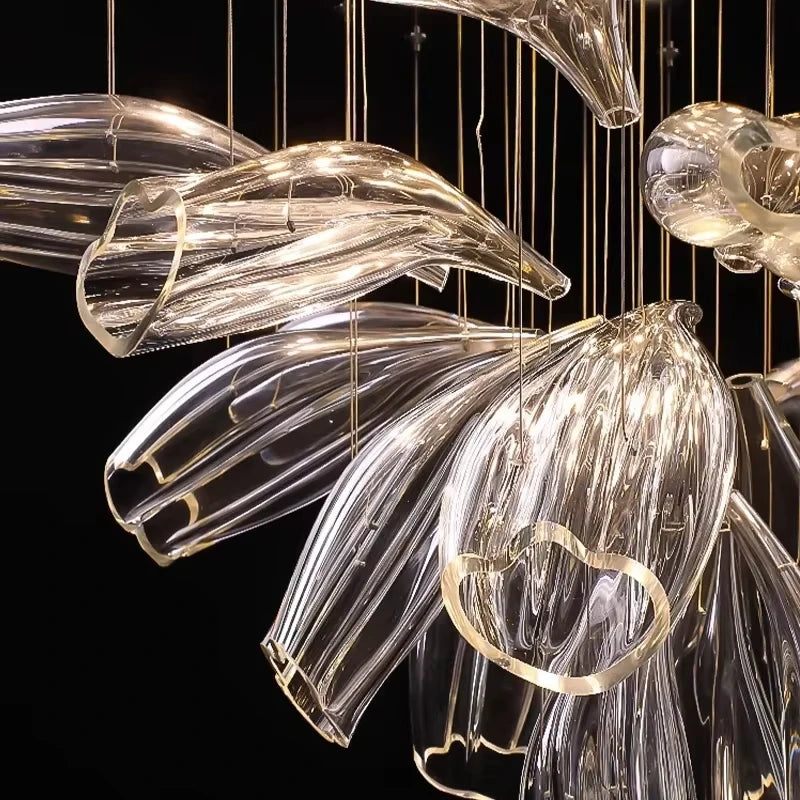lustre suspendu led cristal transparent forme feuilles fleurs moderne luxe salon hall villa