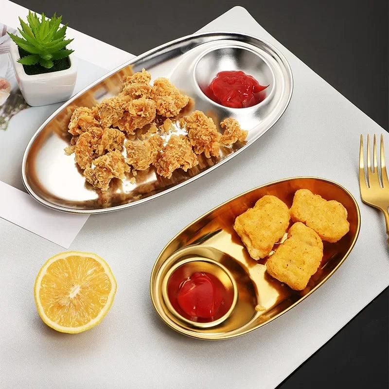 assiettes compartiments or argent lisses modernes sauce frites poulet citron fourchette dorée