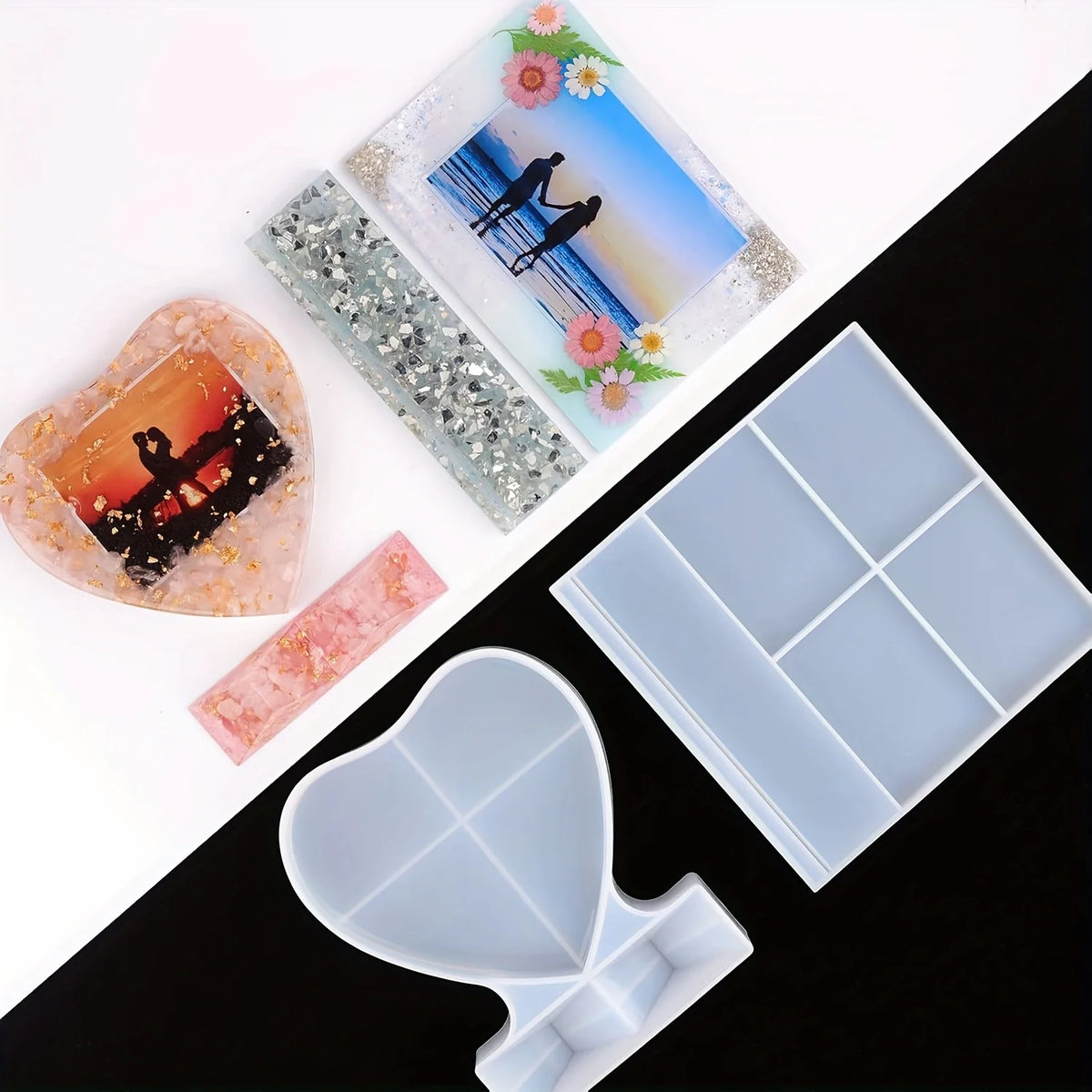 moules silicone résine cadre photo forme cœur rectangle décoratif paillettes motifs floraux