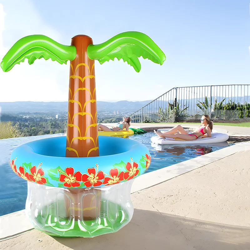 flotteur gonflable palmier boissons transparence verte bleu rouge tropical festif plage piscine