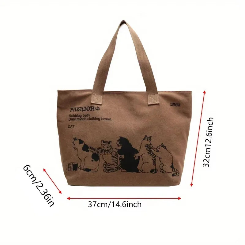sac main marron chats casual doux polyester toile imprimés animaux fermeture éclair polyvalent
