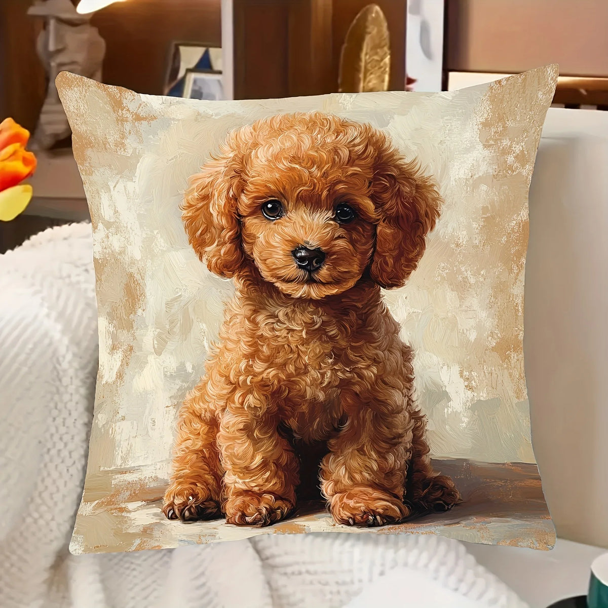 housse coussin imprimé chien orange noir polyester moderne décoration chambre voiture 45x45cm opaque