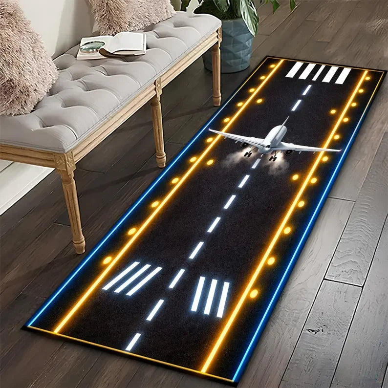 tapis moderne aéroport piste atterrissage avions voitures blanc noir vert bleu gris
