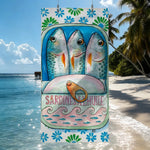 serviette plage vintage motif sardines microfibre rapide séchage rose blanche bleue verte