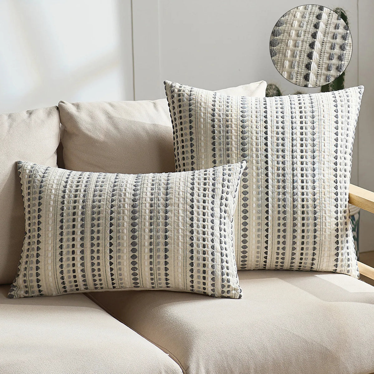 housse coussin polyester rayé moderne beige bleu gris décor canapé lit voiture 45x45cm 50x50cm