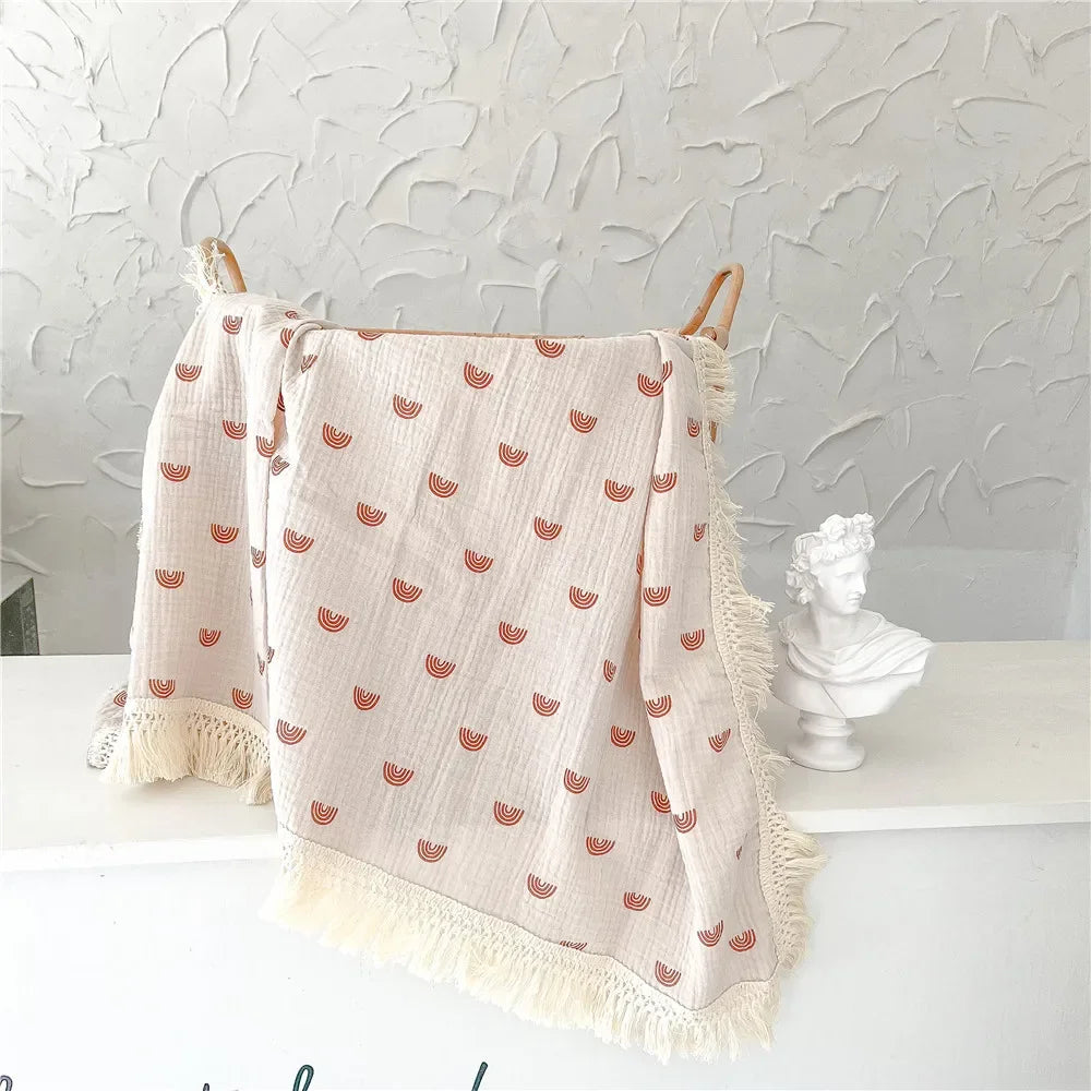 couverture bébé coton rayures pois étoiles lunes fleurs blanc beige rose gris franges anneaux
