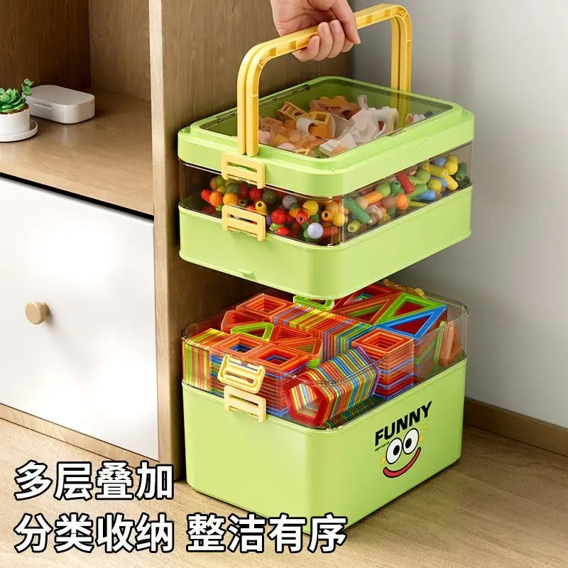 boîtes rangement jouets vert rose bleu motif funny souriant contemporain pratique triangles carrés