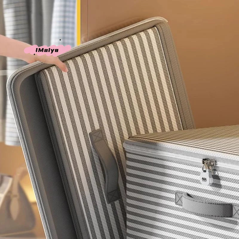 boîtes rangement réutilisables gris beige blanc rayures horizontales moderne pratique poignées fermeture glissière