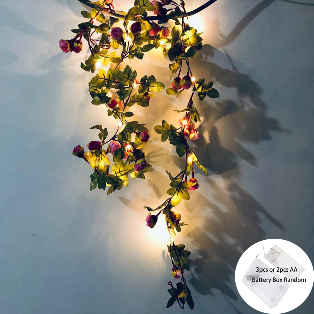 guirlande lumineuse fleurs artificielles rose rouge vert feuilles texturées décoration romantique autoinstallation batterie led