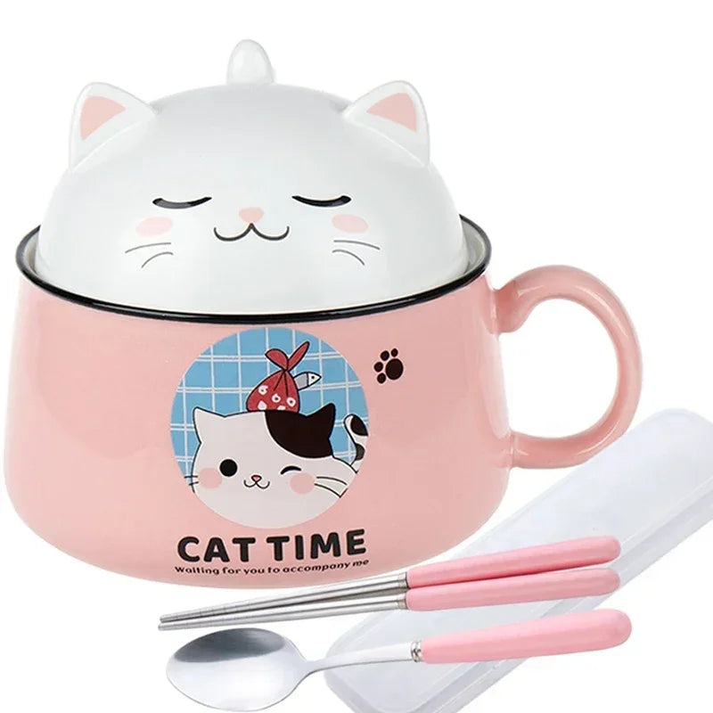 tasse soupe couvercle céramique porcelaine dessin animé chats bleu rose mignon unique environnement
