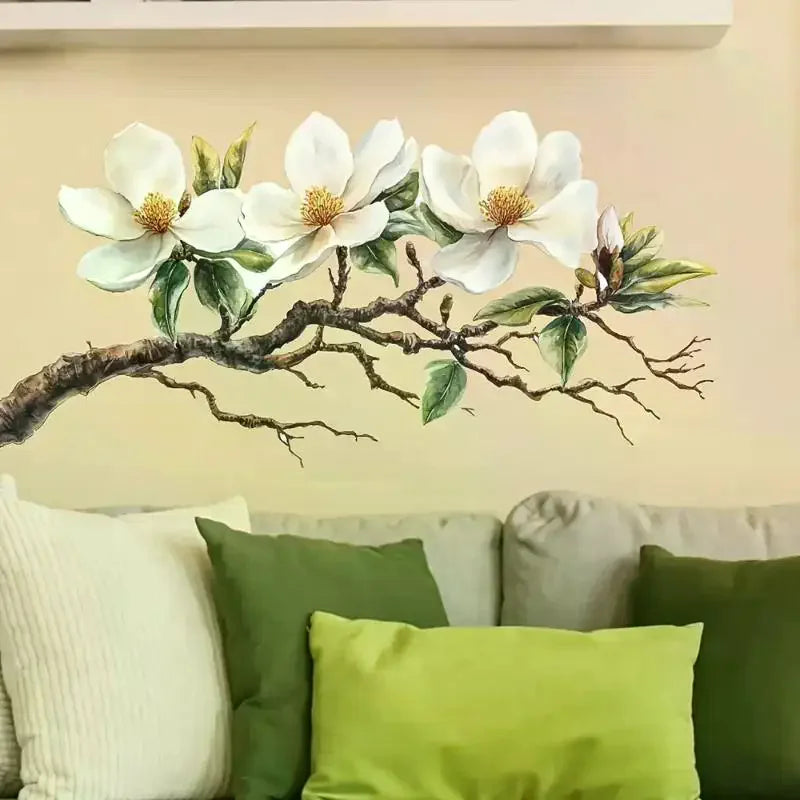 sticker mural fleurs blanches feuilles vertes branches brunes adhésif naturel réaliste chambre salon enfant