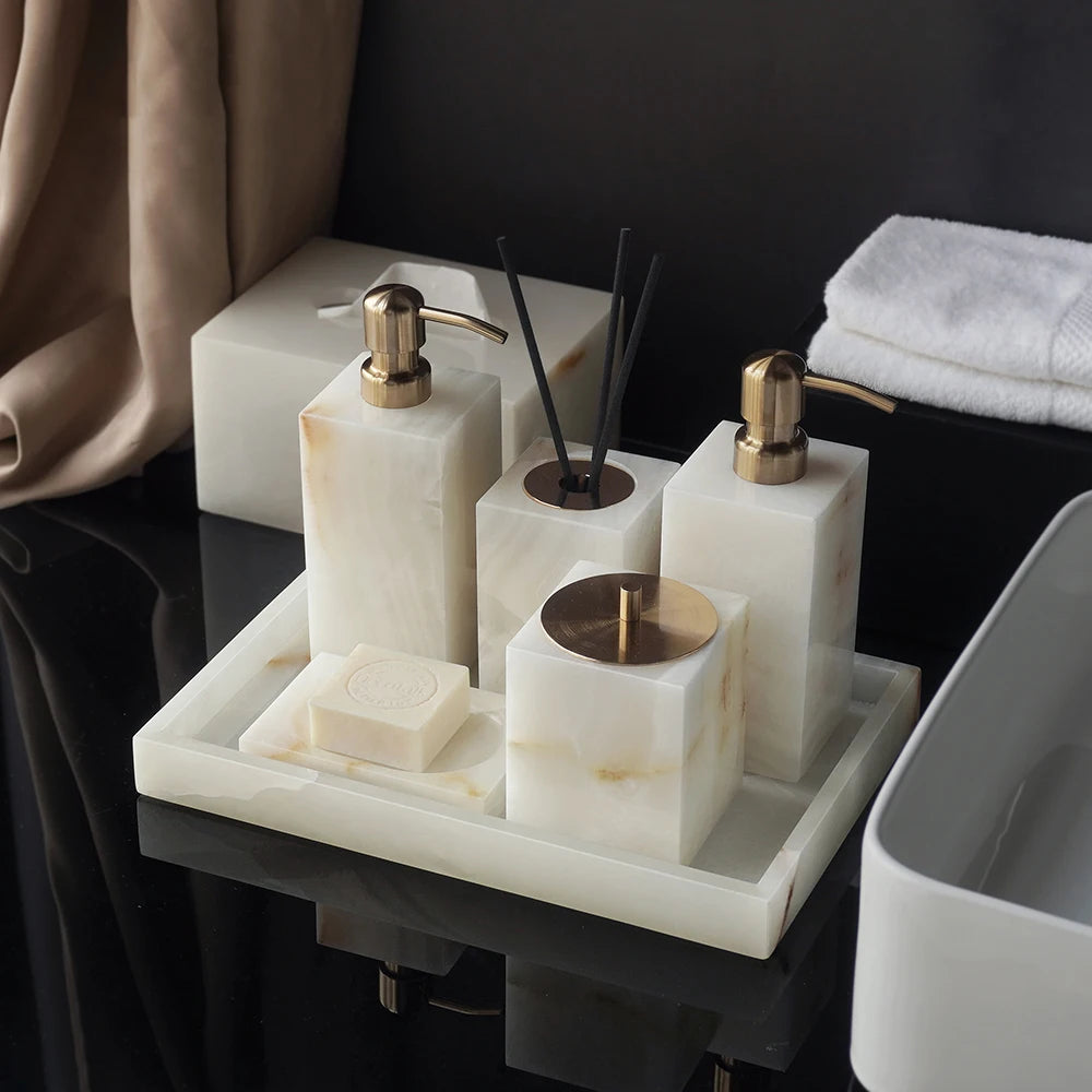 ensemble accessoires salle bain marbre blanc onyx distributeur savon plateau pot brosse dents