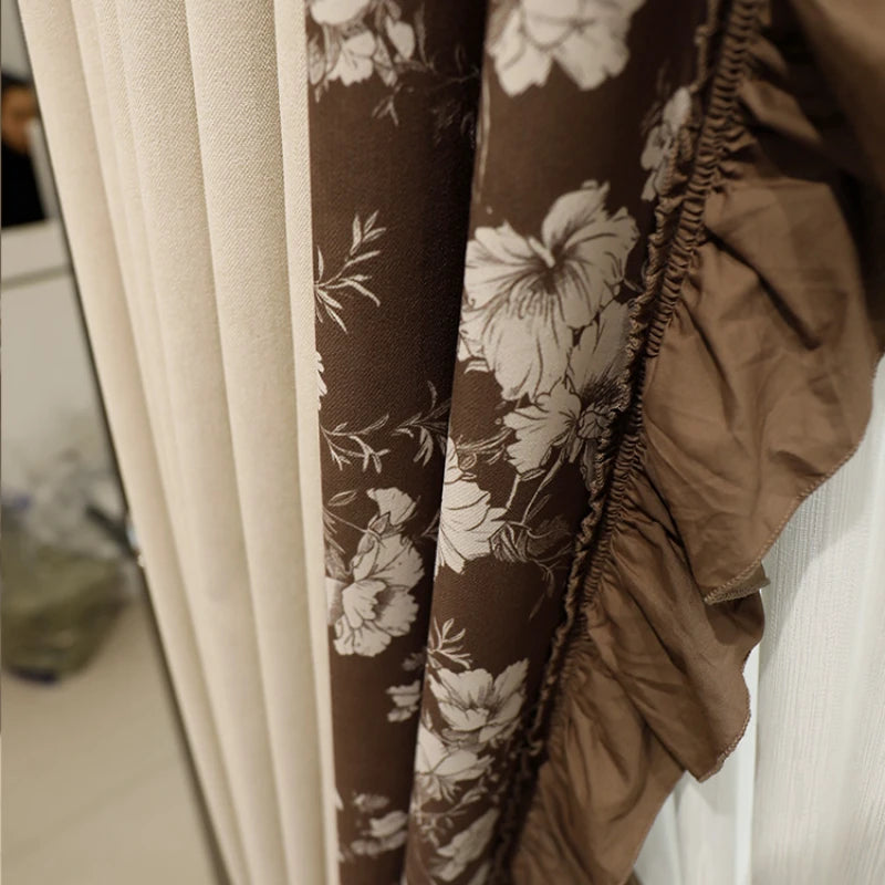rideau occultant dentelle fleurs marron beige classique romantique salon chambre maison tissu polyester épais