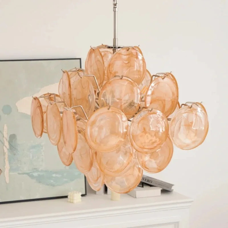 suspension lumineuse moderne rose verte verre transparent chaîne métallique 65cm 65cm