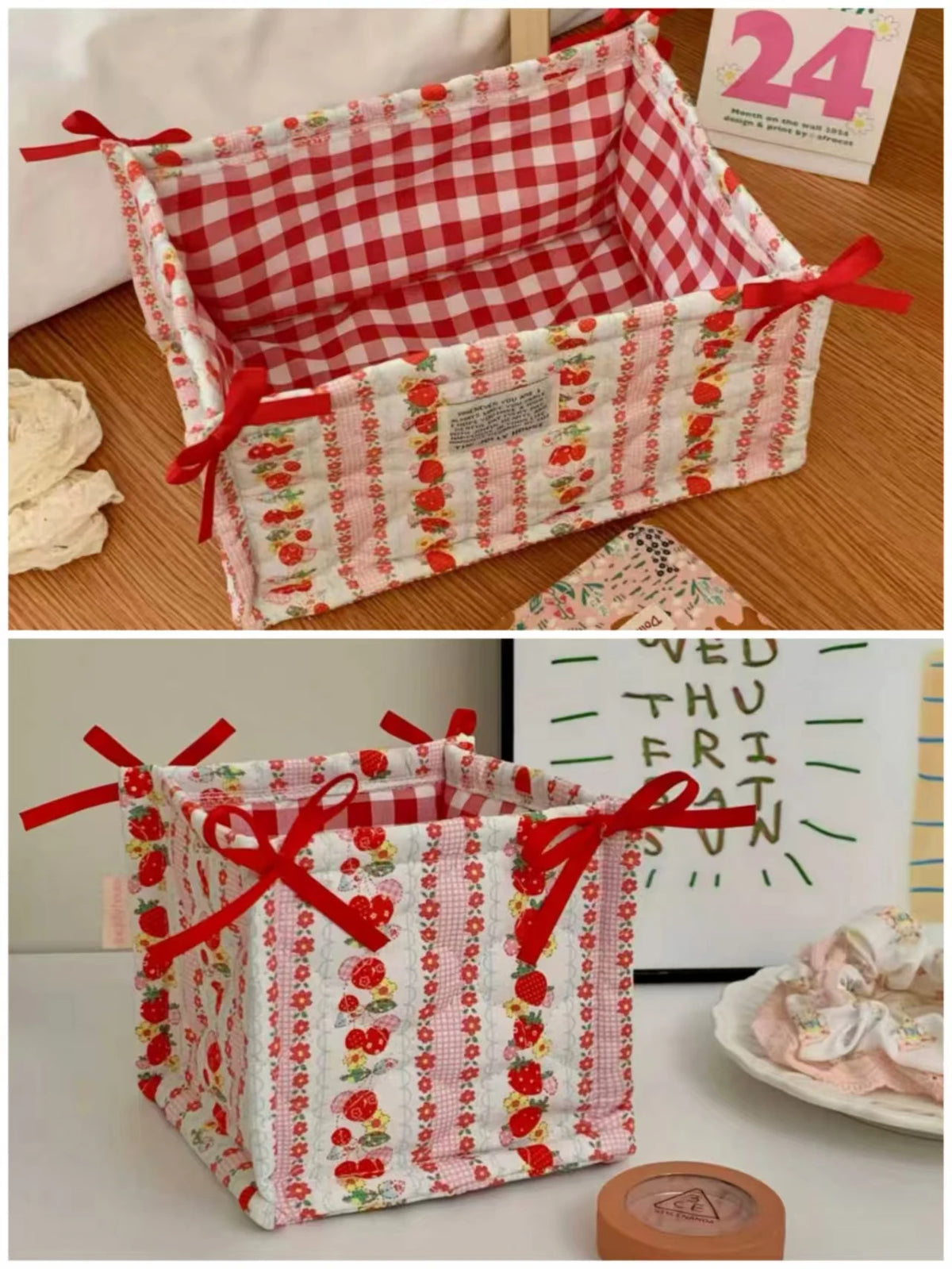 panier rangement tissu vichy animal fleuri blanc rose violet doux texturé