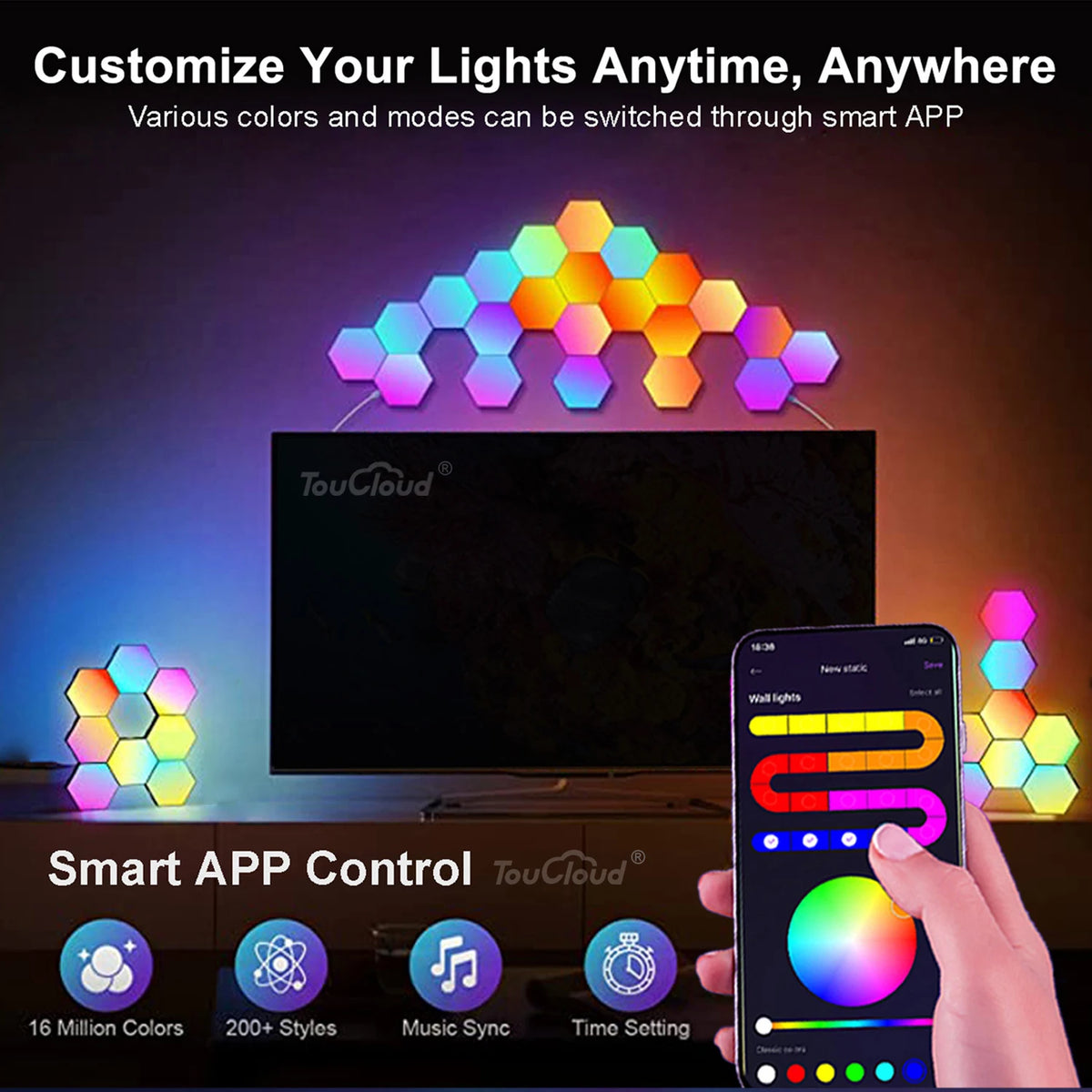 lampe murale hexagonale multicolore modulaire télécommande application moderne portable adjustable folding