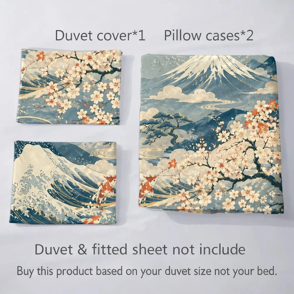 housse couette ukiyo vague carpes koï fleurs cerisier taies oreiller lit japonais motifs artistiques