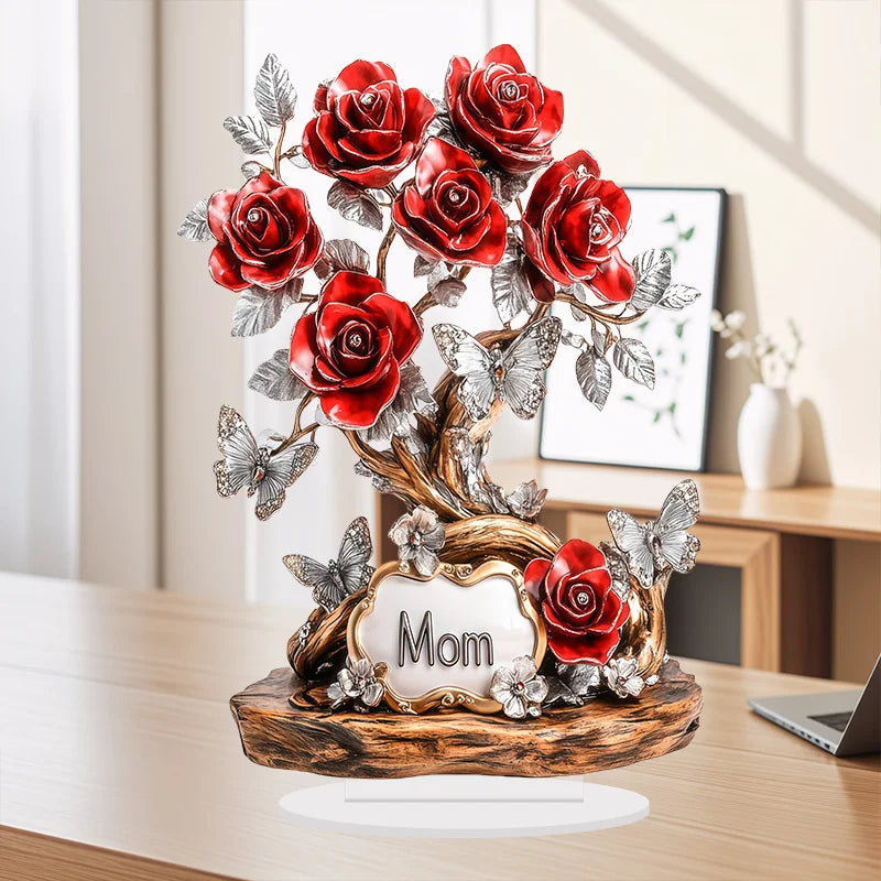 sculpture arbre roses papillons plaque mom rouge argenté marron décoration artisanale chambre festive